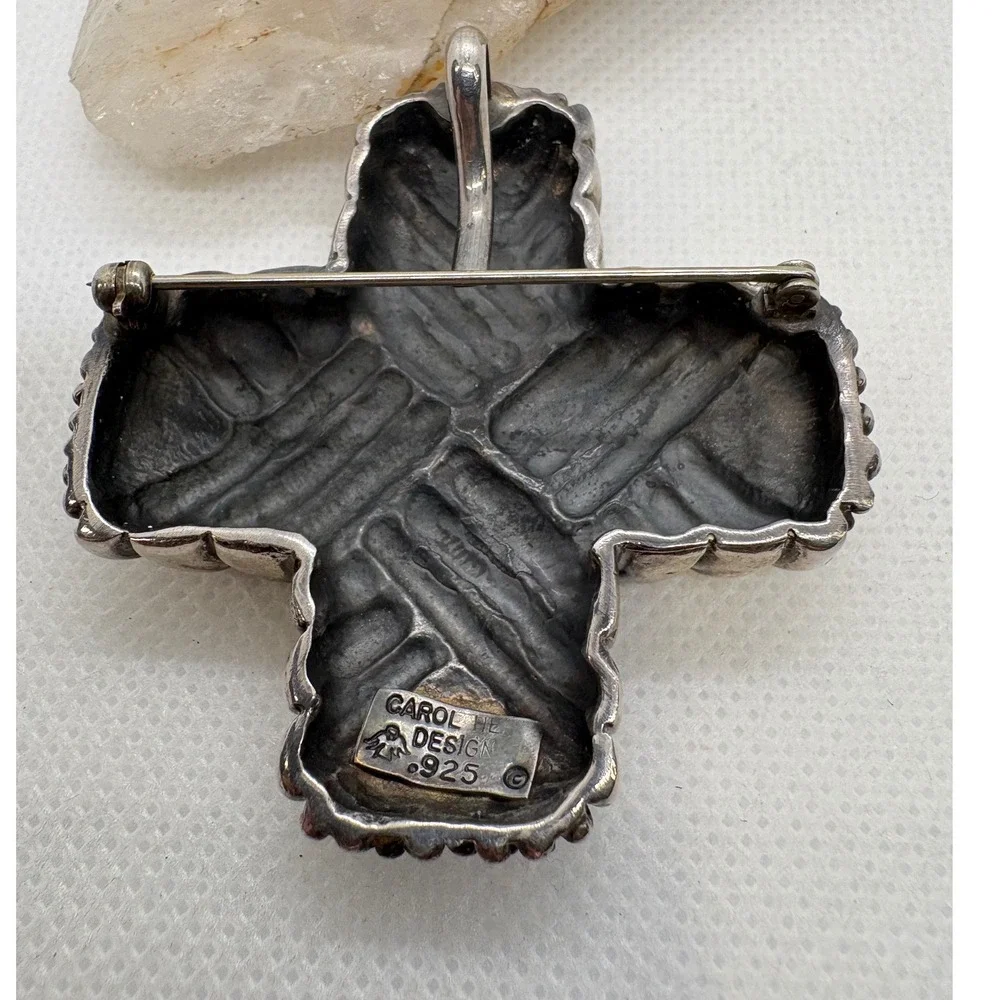 Vintage Carol Henry 925 Sterling Silver Cross Brooch Pendant Woven Textured 39g